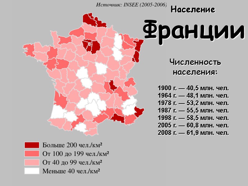 Население  Франции Численность населения:  1900 г. — 40,5 млн. чел. 1964 г.